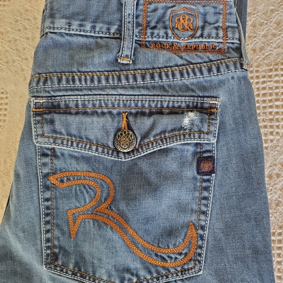 Vintage Rock Republic distressed men's jeans 36/34 Thick stitching and skulls - Picture 4 of 16
